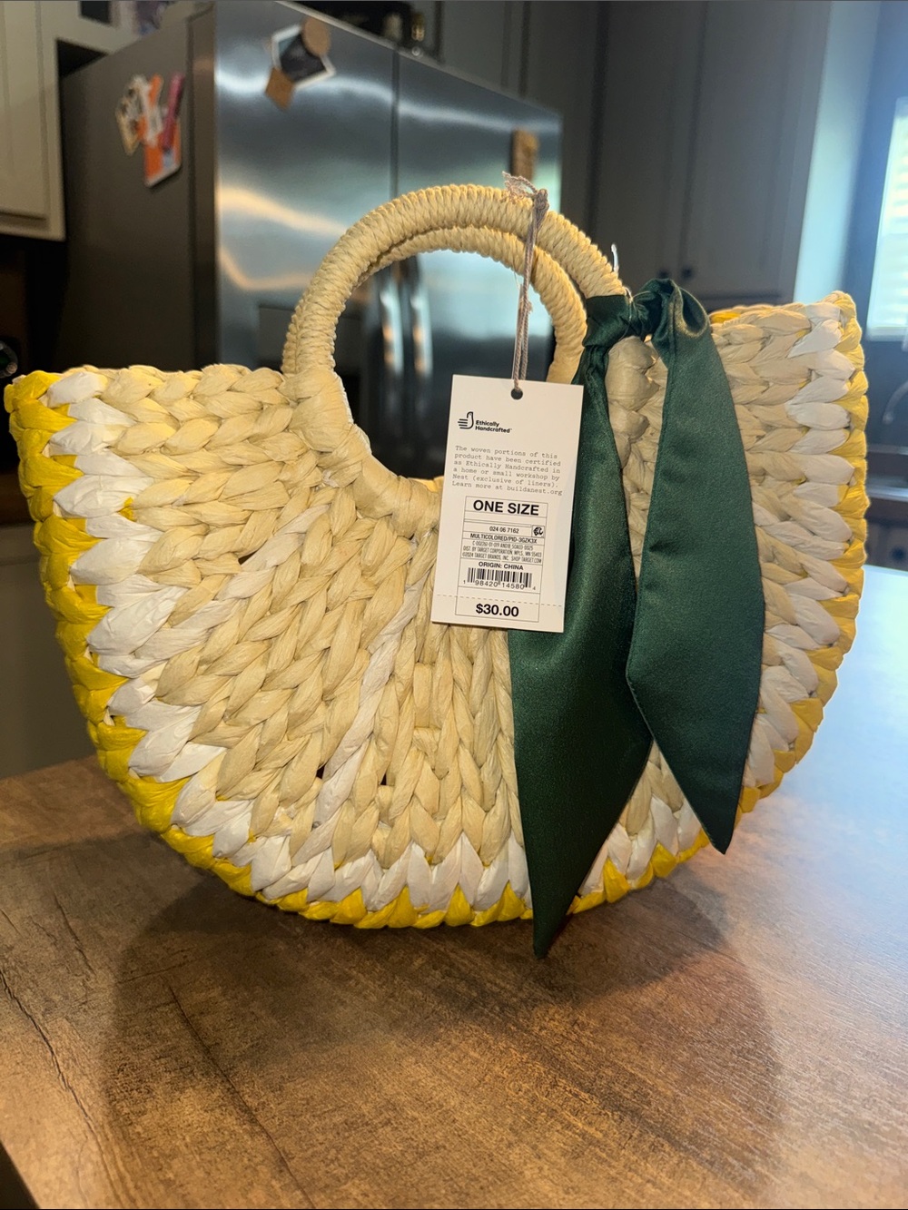 a new day Yellow-Trim Straw Circle Tote with Green Scarf
